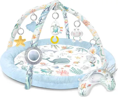 A baby play mat with an ocean theme, featuring various sea creatures and coral.
