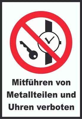 Produktbild von Mitführen von Metallteilen und Uhren verboten Schild A5 Rückseite selbstklebend