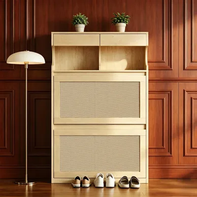 Produktbild von Schuhschrank Rattan, Schuhkipper Schmal, 16 Paar, Gelb | Verstellbar, Schuhkommode für Eingang, Flur, Garderobe, 2 Klappen(80B cm)