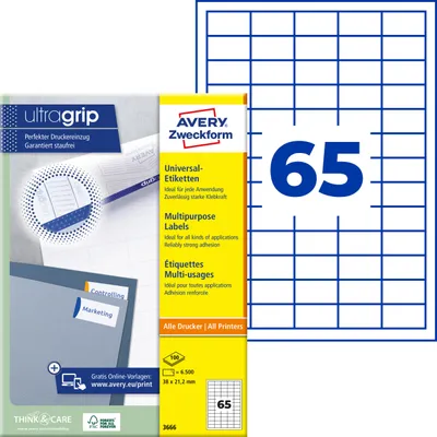 Produktbild von Avery Zweckform 3666, Universal-Etiketten, A4, Qualitätsdruck mit: ultragrip, 38 x 21,2 mm, 6.500 Etiketten / 100 Bögen, weiß