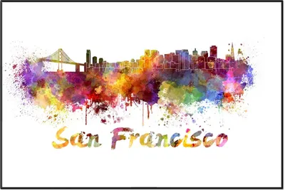 Produktbild von Wallario Wandbild Städte als Aquarell - Skyline von San Francisco, Größe: 61 x 91,50 cm, Poster mit schwarzem Aluminiumrahmen