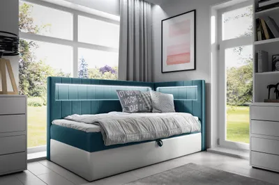 Produktbild von Boxspringbett Gästebett Kinderbett FABIAN Nr.3 90x200cm Weiss-Türkis Seite Rechts