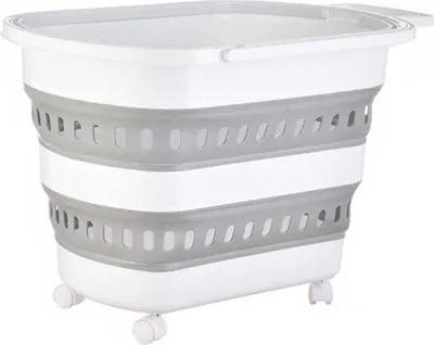 A white and gray collapsible laundry basket with wheels.
