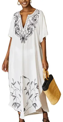 Produktbild von Solidchoice – Bestickter, blumenloser Kaftan, Boho-Stil, Strandkleid, Überwurf, erhältlich in großen Größen