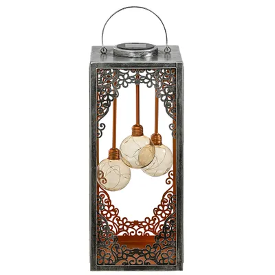 Produktbild von Dehner Solar-Laterne Marsa, weihnachtlich mit 3 warmweißen LED-Kugeln, 50 x 20 x 20 cm, Glas / Metall / Kunststoff, kupfer / silber