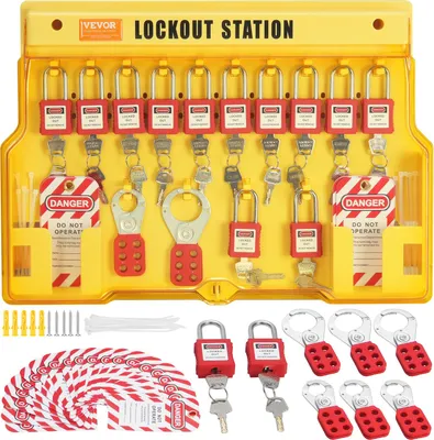 Produktbild von Elektrisches Lockout-Tagout-Kit, 60-teilige Sicherheits-Lockout-Tagout-Station inkl. Vorhängeschlösser, Haspen, Anhänger, Nylonbinder, Erweiterungskit und Lockout-Stationsplatine