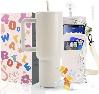 Image de Mug isotherme à double paroi sous vide de 40 oz (1,18 L) avec poignée et paille – 6 accessoires inclus – Mug pour boissons chaudes et froides – Acier inoxydable