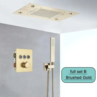Obrázek produktu pro Instalace sprchové hlavice s osvětlením – LED sprchový systém "Set B" – Čtvercová sprchová hlavice – Vodopádový proud – Dálkové ovládání – Skrytá montáž do stropu – Kartáčované zlato