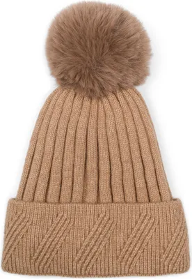 Produktbild von styleBREAKER Damen Strick Bommelmütze Einfarbig mit Rippen Muster und Fleece Futter, Winter Mütze, Strickmütze 04024198