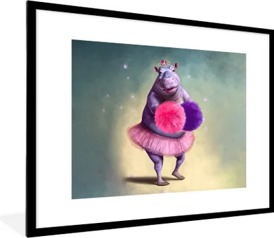 Produktbild von MuchoWow® Gerahmtes Poster Nilpferd - Blumen - Ballerina - Pompons - Porträt 80x60 cm - Poster mit Schwarzem Bilderrahmen Wandposter Rahmen Foto Bilder - Schlafzimmer-Dekorationen - Fotoposter