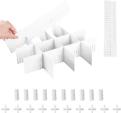 Produktbild von 20 Stück Schubladenteiler mit 10 Befestigungselementen – Organizer für Kommoden – Verstellbare Schubladenteiler – Organizer für Büro, Küche oder Schlafzimmer – Weißer Trennstreifen