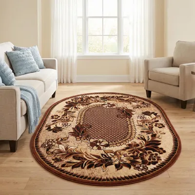 Produktbild von Tapiso Teppich ATLAS Oval Blumen beige braun Wohnzimmer 160 x 210 cm