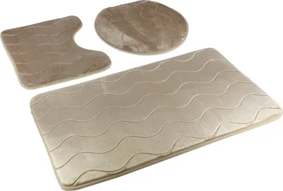 Three beige bath mats with a wavy pattern on a white background.
