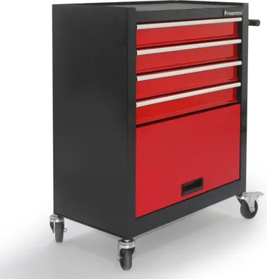 Zdjęcie produktu dla TIMBERTECH® Wózek warsztatowy na kółkach - pusty, 4 szuflady z wkładkami, 1 komora, hamulec blokujący, wykonany ze stali, czerwono-czarny - wózek narzędziowy, wózek montażowy, wózek na akcesoria do narzędzi warsztatowych