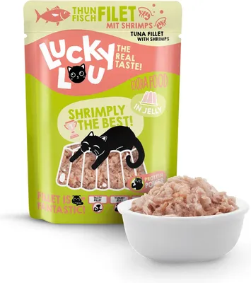 Produktbild von Lucky Lou Extrafood Thunfischfilet & Shrimps in Gelee Katzenfutter Katzennassfutter Ergänzungsfutter