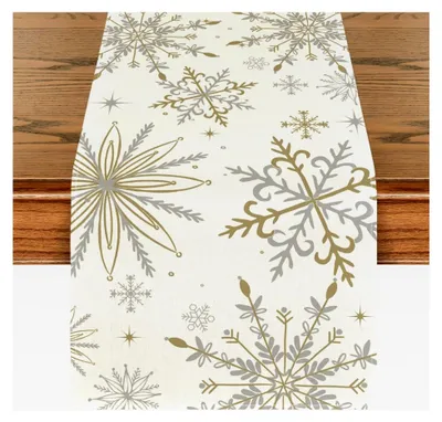 Produktbild von Goldene Schneeflocken Tischläufer für Weihnachten, saisonale Winterdekoration für die Küche, Tischdeko für drinnen, Urlaub und Partys, 40x140 cm
