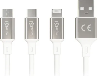 Produktbild von prio 3 in 1 Micro USB & USB C & Lightning zu USB A Kabel 3A 1,2m weiß