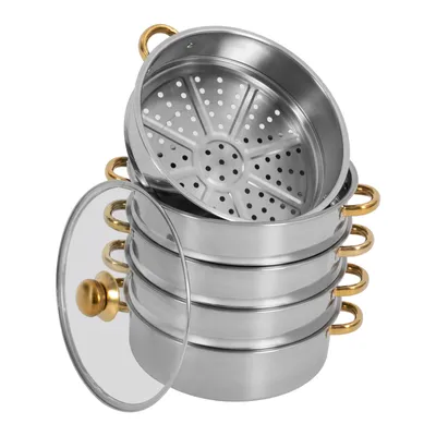 A multi-tiered stainless steel steamer pot with gold handles and a glass lid, photographed against a white background.