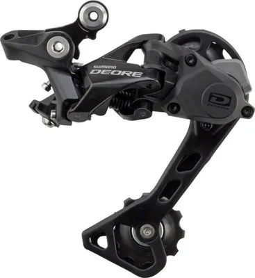 A black bicycle rear derailleur is shown against a white background.