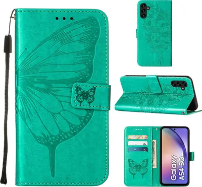 Produktbild von Lederhülle für Samsung Galaxy A54 Schmetterling Prägung Flip Ledertasche Kartenfächer Handyhülle mit Ständer Grün