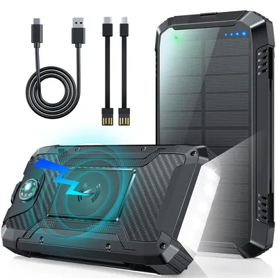 Produktbild von 20000mAh Solar Powerbank mit 30W PD & Wireless, Powerbanks– 2 integrierte Kabel, Kompass, Taschenlampe – Für Camping, Outdoor & Reisen