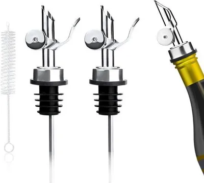 Produktbild von Liquor-Pour-Set aus Edelstahl - Selbstschließende Flaschenöffner - Reinigungsbürste - 11,5x3cm - für Alkohol und Essig