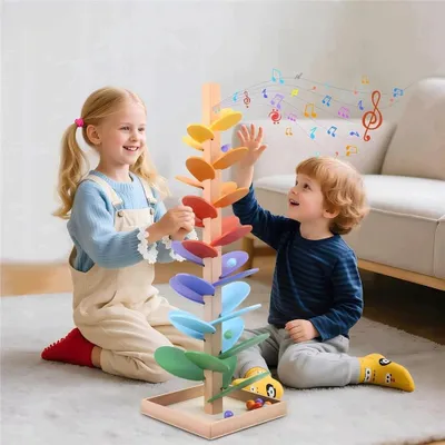 Zdjęcie produktu dla Kolorowa drewniana torba kulkowa, wysokość 71 cm, w zestawie 30 elementów "kolorowego drzewa dźwięków" oraz 12 kolorowych kulek. Zabawka motoryczna, edukacyjna, drewniana torba kulkowa. Idealny prezent dla dzieci