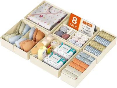Produktbild von PolkaHome® Schubladen-Organizer Set 8-teilig – Stabile Stoffboxen für Kleidung, Unterwäsche, Socken & Accessoires, 3 Größen, Beige,