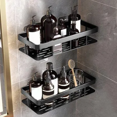 Zdjęcie produktu dla Unyqoos® – półka do prysznica, montowana bez wiercenia, narożna, zestaw 2 sztuk, aluminium, matowy czarny kolor, 2 półki (31,4 x 14 x 5 cm) z 4 haczykami samoprzylepnymi, odporna na rdzę i korozję
