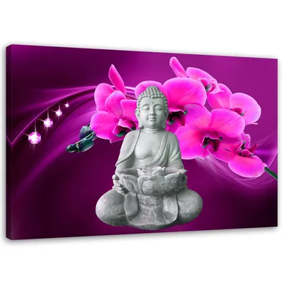 Produktbild von Leinwandbild buddha mit diamanten und rosa orchidee 120x80 cm Feeby lila wandbild bereit zum aufhängen