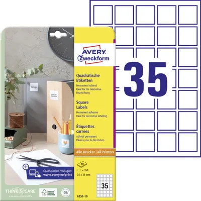 Produktbild von Avery Zweckform 6251-10 Quadratische Etiketten, A4, 35 x 35 mm, weiß