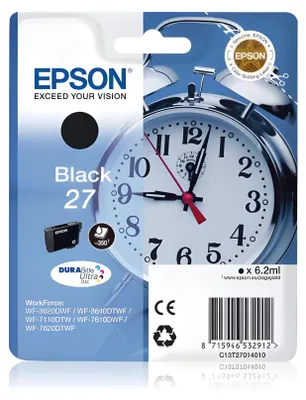 Produktbild von Epson Alarm clock Singlepack Black 27 DURABrite Ultra Ink, Schwarz, Tinte auf Pigmentbasis, 6,2 ml, 1 Stück(e), 350 Seiten