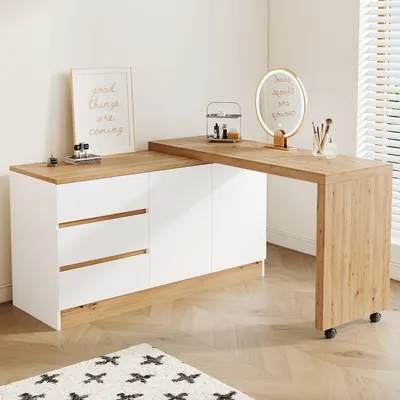 Produktbild von MODFU Schreibtisch mit Rollen 120x50 cm, Eckschreibtisch L-Förmig, Laptoptisch mit drehbarer Klapptischplatte, 2 Türen, 3 Schubladen, Schminktisch, Weiß+Eiche