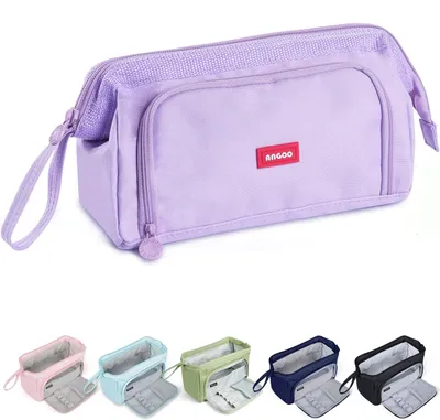 Image de Trousse spacieuse dotée d'une large ouverture, de trois compartiments et d'une poignée, idéale pour les adolescents. Trousse pratique et élégante pour l'école et le bureau, de couleur violette.