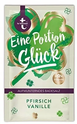 Produktbild von Tetesept Badesalz Eine Portion Glück, Badesalz, Pfirsich, Vanille, MARIS SAL, DISODIUM LAURYL SULFOSUCCINATE, MAGNESIUM CARBONATE, PARFUM, THEOBROMA CACAO SEED..., Geben Sie das Badesalz dem einlaufenden Badewasser zu, um Wannenverfärbungen zu vermeiden. Baden...