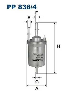 A diagram of a fuel filter with dimensions indicated by letters and arrows.