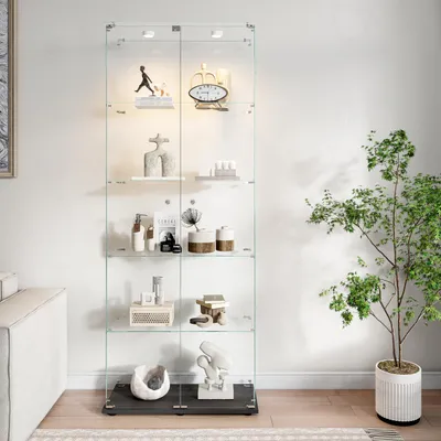 Image de Vitrine ProximaX double porte, 5 niveaux - Socle noir, lampes patch LED, idéal pour la décoration & les objets de collection