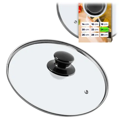 A glass pot lid with a black handle, shown from a diagonal top-down view. A small inset image shows a size chart with various diameter measurements.