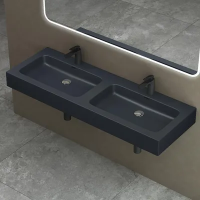 Image de doporro Double Lavabo à Poser Gris Noir Mat 140cm Vasque pour 2 Lave Mains pour Salle de Bains 140x48x13 Colossum830