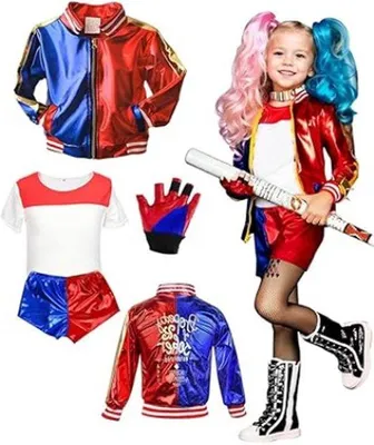 Produktbild von Famanu Kostüm für Mädchen - Cosplay Kostüm - Joker Kostüm - Mit T-Shirt - Jacke - Shorts und Handschuhen