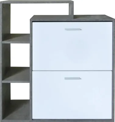 A shoe cabinet with two drawers and open shelves.