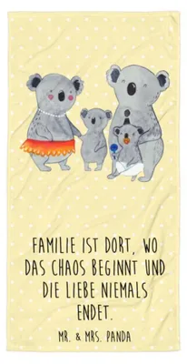 Produktbild von Mr. & Mrs. Panda Strandtuch Koala Familie - Gelb Pastell - Geschenk, Papa, Duschtuch, Großes Badehandtuch, Mama, Koalas, Muttertag, Badelaken, Kinder, Handtuch