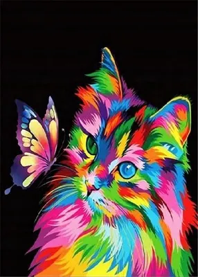 Produktbild von Diamantmosaik: Bunte Katze mit Schmetterling, 30x40 cm. Kreative Diamanten