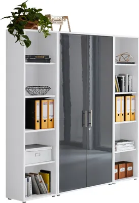Produktbild von Aktenschrank TABOR 3 in weiß / anthrahzit Hochglanz, Schrankwand, Büroschrank, abschließbar, Metallgriffe