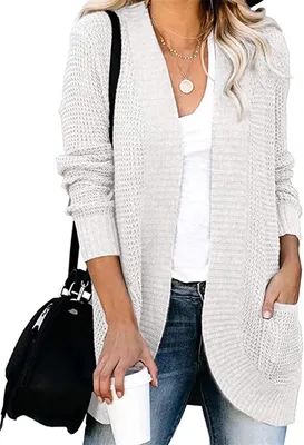 Produktbild von ASKSA Damen lässig Langarm Strickpullover lässigStrickjacke Casual Weicher, Weiß L