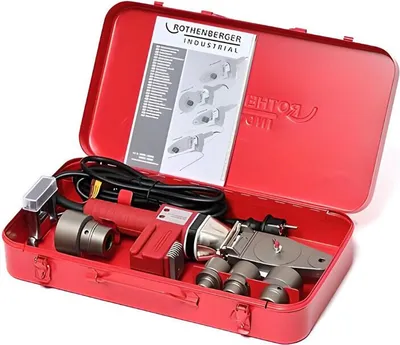 A red metal case containing a pipe welding tool and accessories.
