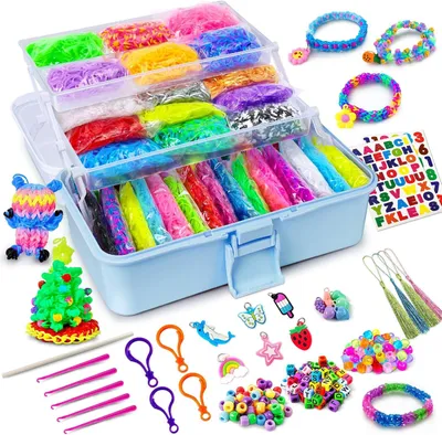 Productafbeelding van 45 kleuren loombandenset met 3 lagen opbergdoos, doe-het-zelf rubberen banden, bouwpakket voor jongens en meisjes, weven, cadeau (blauw)