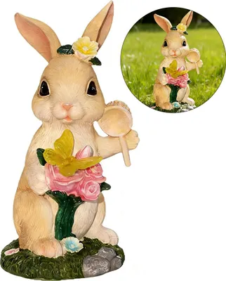 Produktbild von Gartenfigur Kaninchen mit Solarlicht, 23 cm, wetterfeste Resin Outdoor Deko, stabiler Sockel, 8-10 Std Beleuchtung, Geschenk für Frauen & Ostern