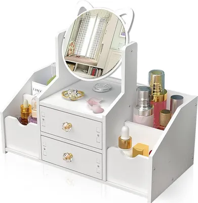 Produktbild von Make up Organizer mit Schublade und Rundem Spiegel in Weiß für Schminktisch Kommode Schlafzimmer Badezimmer Kosmetik Aufbewahrung Organizer