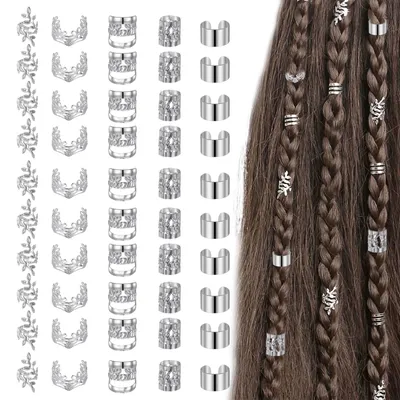 Produktbild von 70-teiliges Haarschmuckset für Zöpfe, silberner Dreadlock-Schmuck, Wikinger-Haaraccessoires, Haaranhänger für Damen, Metallhaarringe für Zöpfe